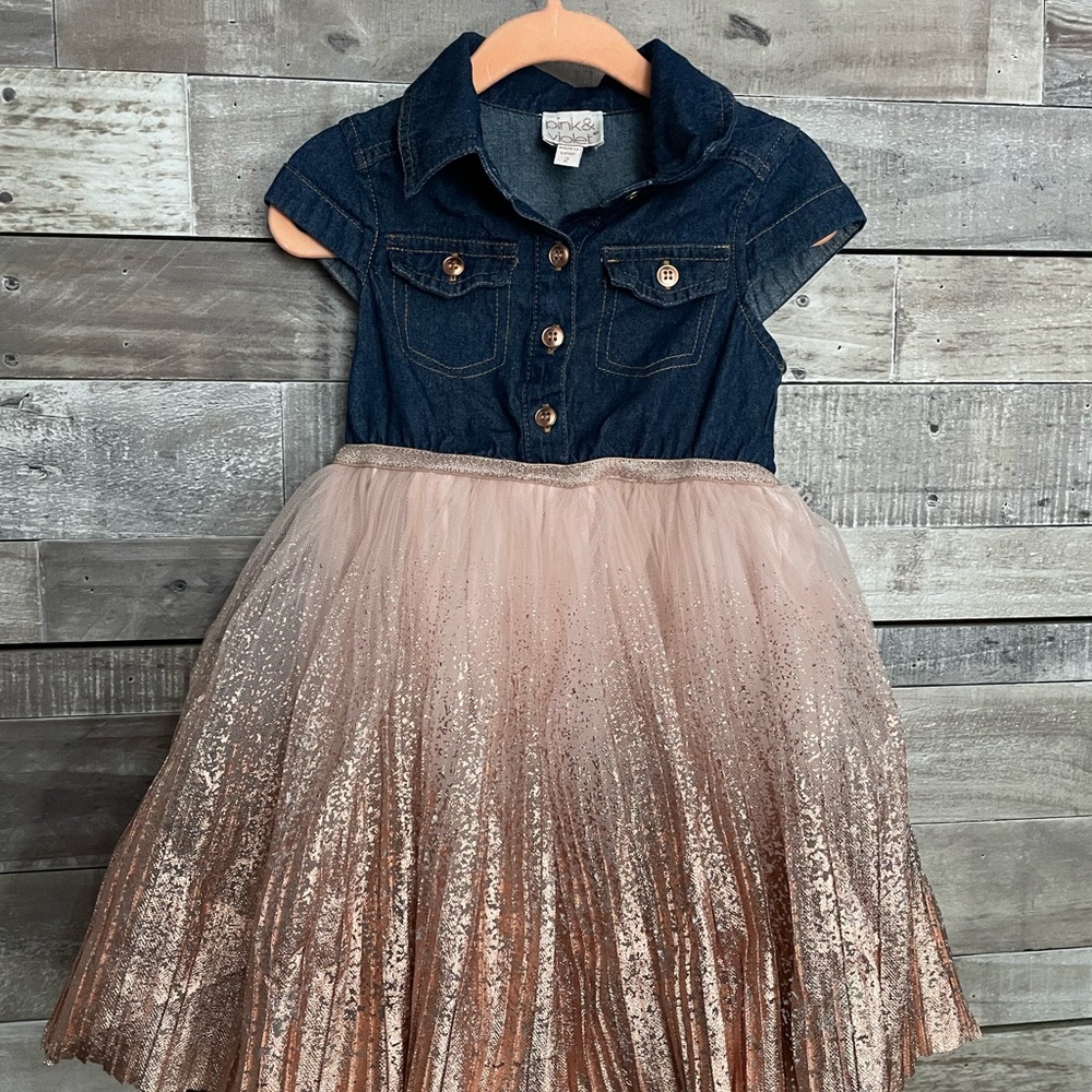Chic Denim and Glittery Pink Kids Dress